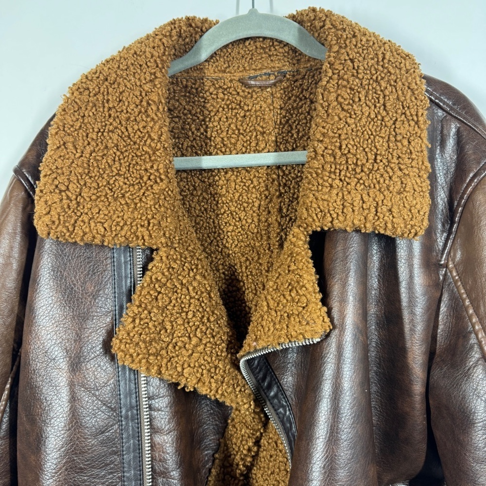 Zara Brown Faux Leather Shearling Jacket Size XL Aviator Biker Cozy Core - Picture 14 of 14